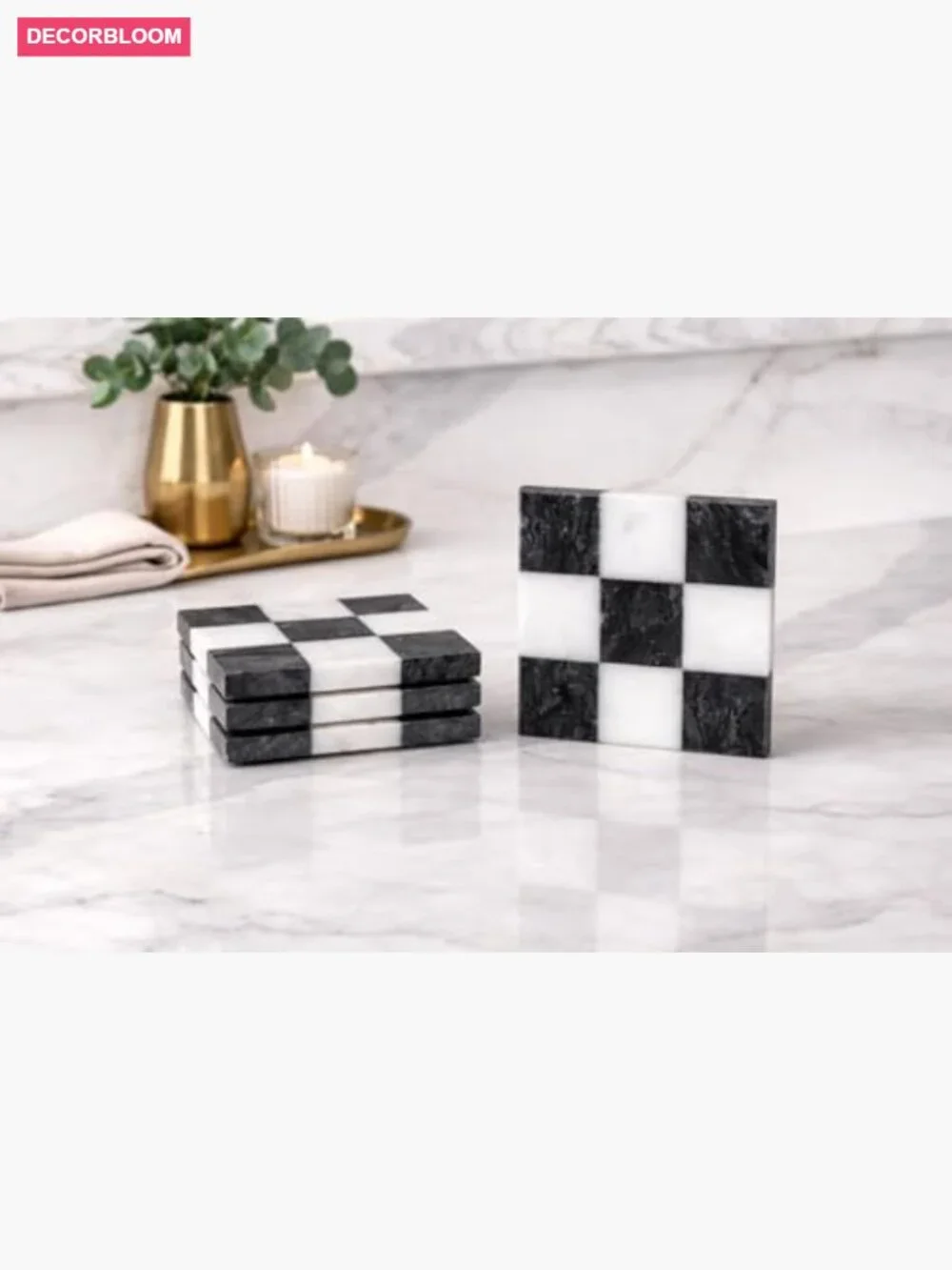 Set of 4 Marble Drink Coasters Stone Square Bar Coasters with Rubber Feet